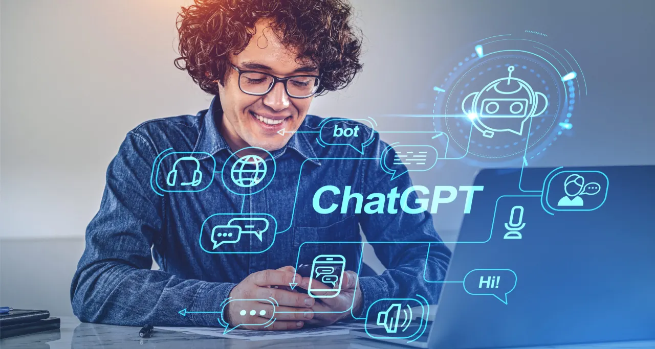 Business student using phone with ChatGPT helping in education and work. Smart AI technology and social network icons. Concept of chatbot and digital assistant for human.